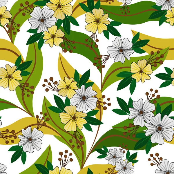 Blühende Gelbe Und Weiße Blüten Mit Grünen Blättern Auf Weißem — Stockvektor