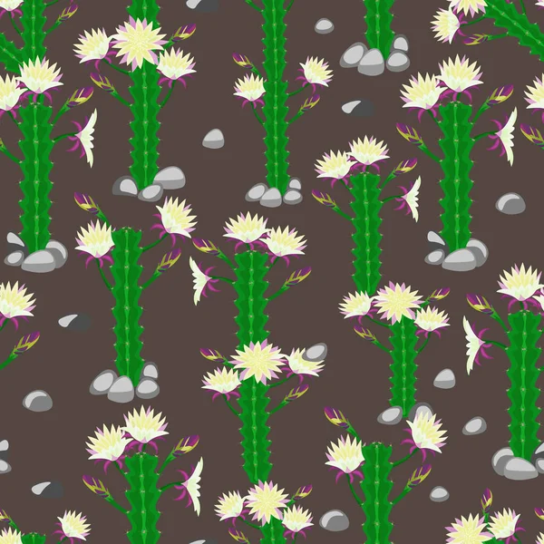 Los Cactus Verdes Florecen Sobre Fondo Gris Patrón Sin Costura — Vector de stock