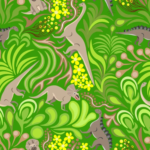 Dinosaurs Green Yellow Plants Green Background Seamless Pattern Vector — Stockový vektor