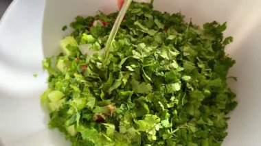 Macro shot of a salad with fresh vegetables and herbs. Freshly made Mediterranean salad on plate. 