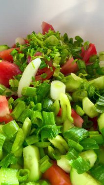 Macro shot of a salad with fresh vegetables and herbs. Freshly made Mediterranean salad on plate. 