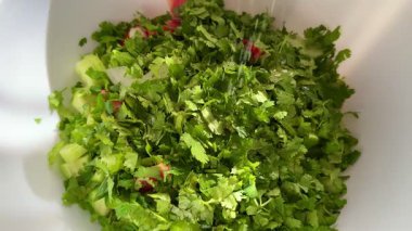 Macro shot of a salad with fresh vegetables and herbs. Freshly made Mediterranean salad on plate.