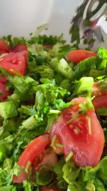 Macro shot of a salad with fresh vegetables and herbs. Freshly made Mediterranean salad on plate.