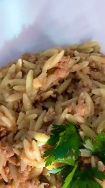 Orzo pasta dish with ground meat and tomato sauce. Plate of orzo pasta with meat sauce.