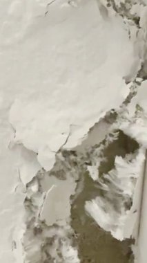 Kırık, beyaz küf ve küfle büyüyen hasarlı bir duvarın yakın çekimi. Küf ve küf insan sağlığına zararlıdır..