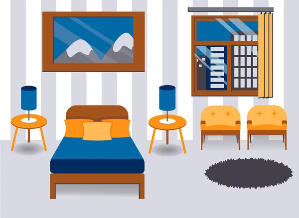 卧室蓝色，灰色，黄色复古风格 — 图库矢量图片