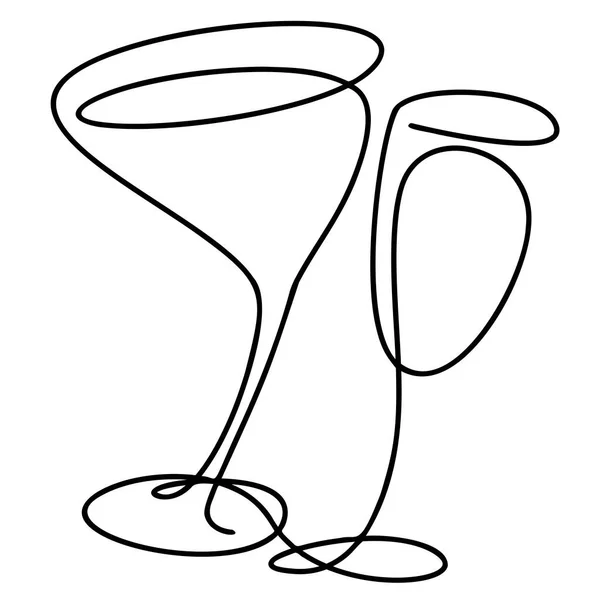 Gezeichneter Wein und Martini-Gläser auf weißem Hintergrund. doodle. oneline. isoliert — Stockvektor