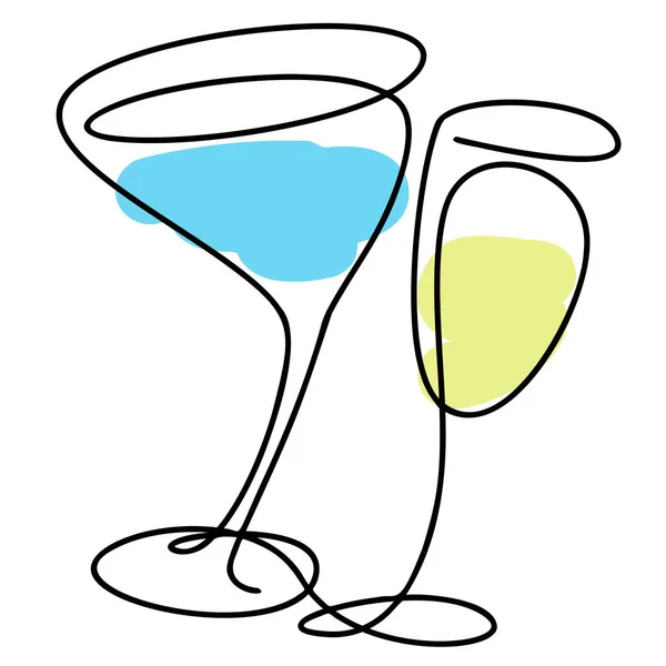 Copas de vino y martini dibujadas sobre fondo blanco. garabato. oneline. — Vector de stock