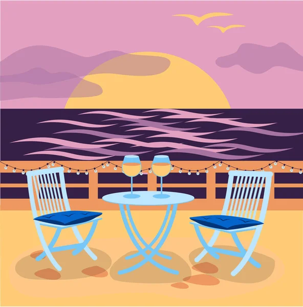 Het café op het terras bij de zee met zonsondergang. Vector illustratie. plaats voor romantische date in de buurt van oceaan — Stockvector