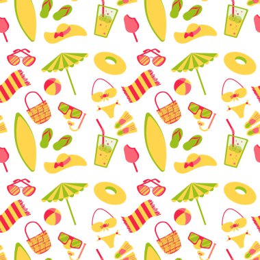 Şablon. Plaj için yaz seti. Tatil tatilinin vektör illüstrasyonu