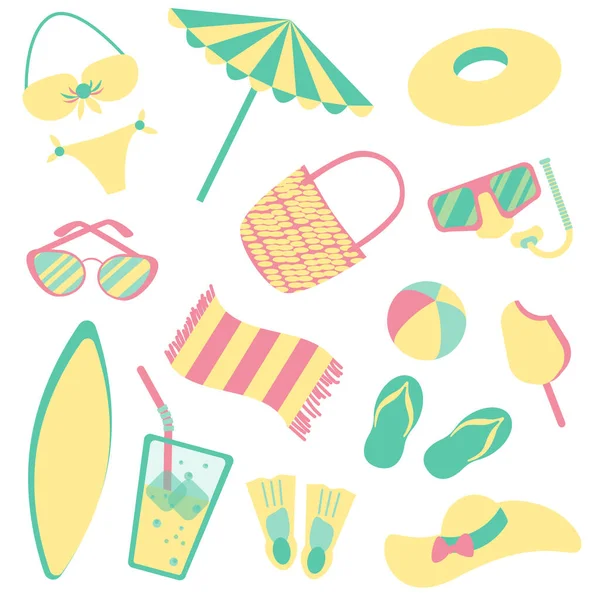 Set of summer things for beach, flat style, isolated — Stock Vector