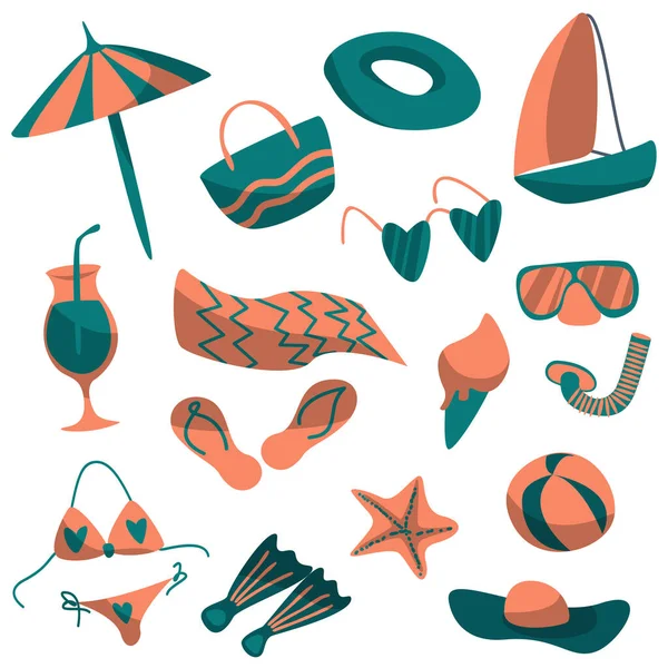 Eine Reihe von Sommerkleidung und Accessoires. Dinge für den Strand. Tasche, Hut, Flip Flops, Badeanzug, Cocktail. Urlaub am Meer. Vektorillustration — Stockvektor