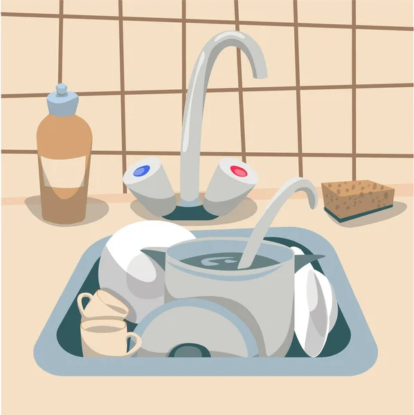 Kitchen Sink Dirty Dishes Vector Illustration — Stock Vector