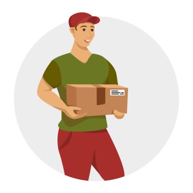 Elinde kutuyla üniformalı gülümseyen teslimatçı. Paketi olan bir kurye. Vektör çizimi. Düz biçim