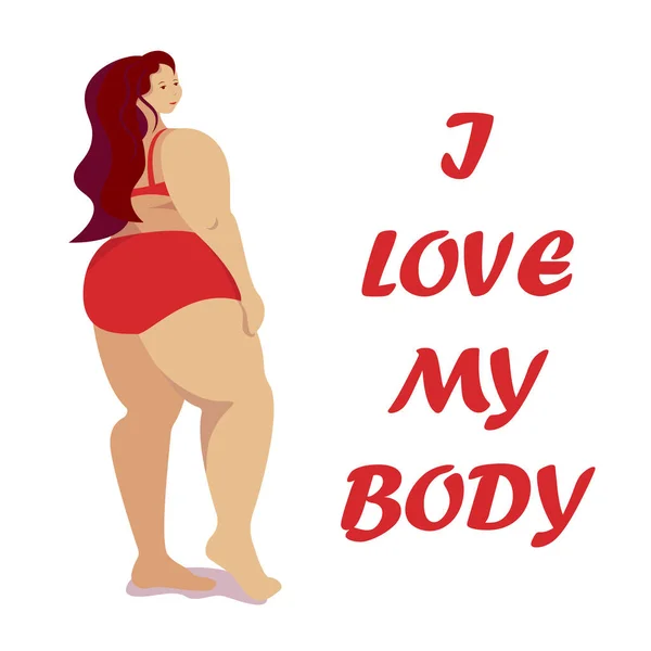 Aantrekkelijke vrouw met overgewicht staat in badpak. Vrouwelijke cartoon platte stijl karakter. Ik hou van je lichaam. Lichaam positief. Plus grootte vrouw — Stockvector