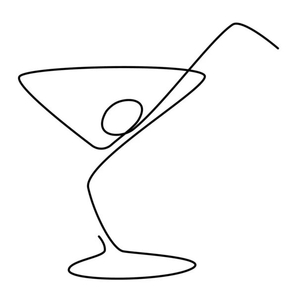 Copa de cóctel con martini, paja y aceituna. Contorno continuo silueta negra aislada sobre fondo blanco. arte dibujo estilo. ilustración vectorial — Vector de stock