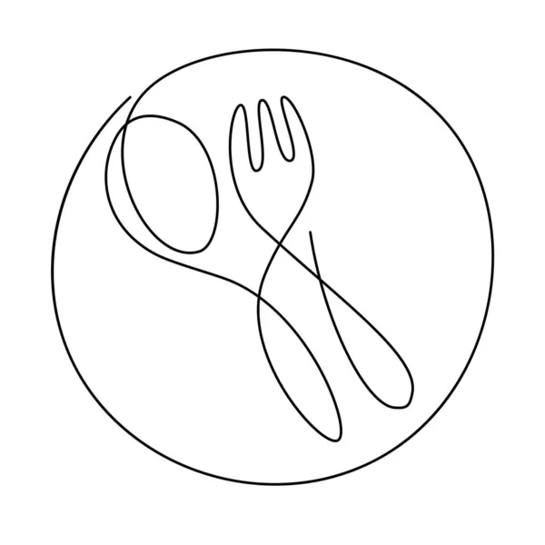 Continuous line drawn plate, spoon and fork. Restaurant logo isolated on white background minimalism design. Vector illustration. Doodle — Stock Vector