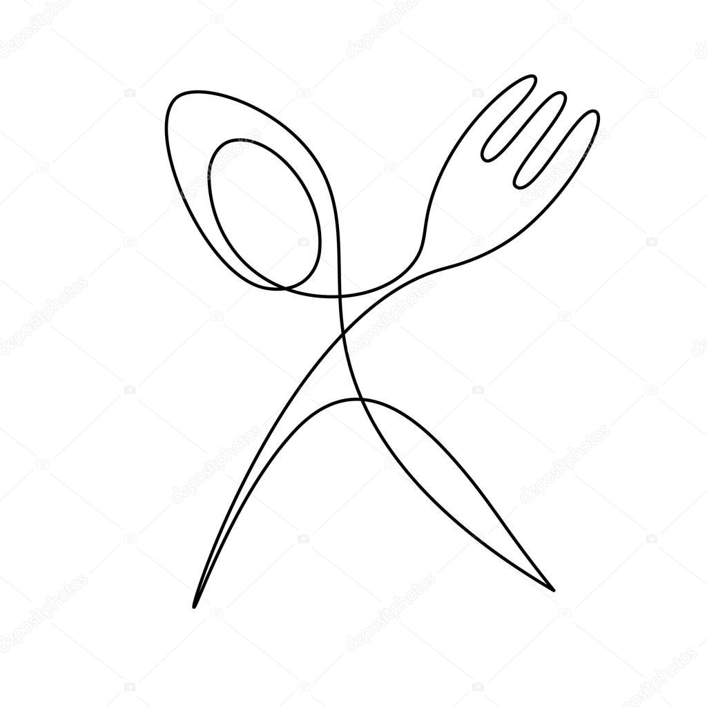 Continuous one line drawing spoon and fork. Doodle restaurant logo. Black and white vector illustration.