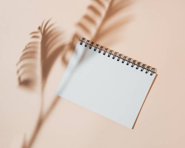 Palmiye yapraklarının gölgeleri beyaz bir defter üzerinde yazı için yeri olan. Çıplak bir arkaplanda yaprak siluetleri. Boşluğu kopyala.