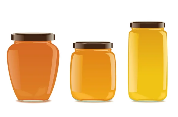 Tres frascos de vidrio con mermelada o miel — Vector de stock