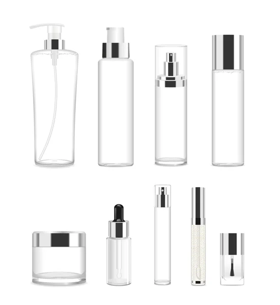 Conjunto de nove tubos cosméticos transparentes. Vetor — Vetor de Stock