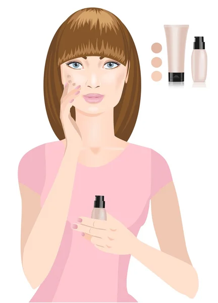 Girl with foundation on her face. — Stock Vector