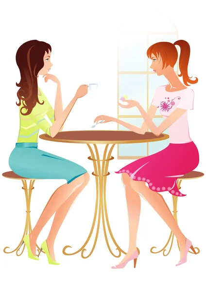Две девушки в кафе разговаривают — стоковый вектор