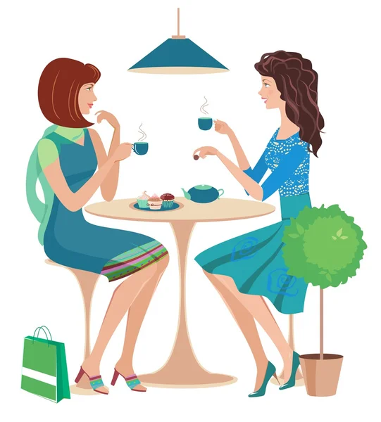 Moda kızlar kafede sohbet. — Stok Vektör