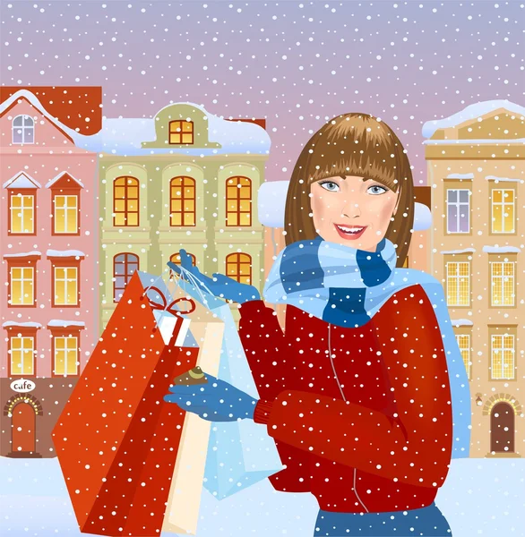 Fille d'hiver avec des sacs cadeaux — Image vectorielle