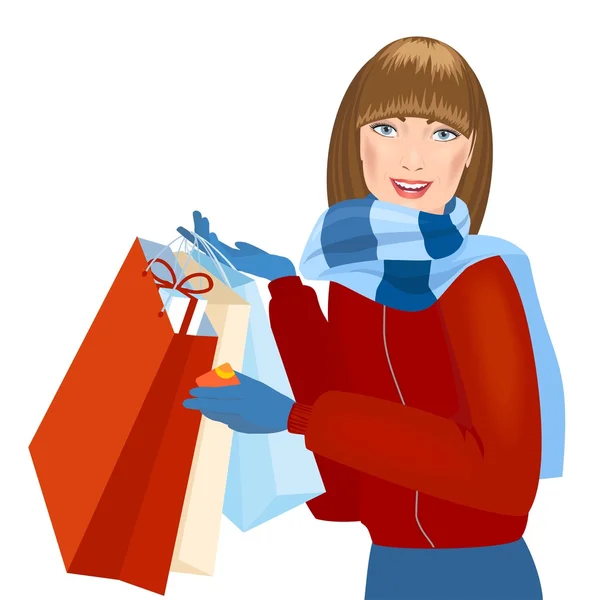 Winter girl with gift bags. — Stock Vector