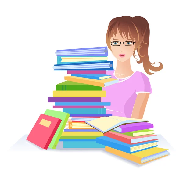 Femme avec beaucoup de livres — Image vectorielle