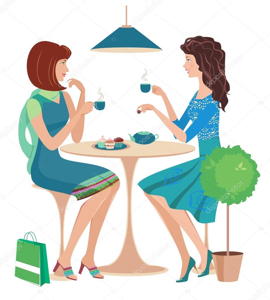 Fashion girls chatting at  cafe.