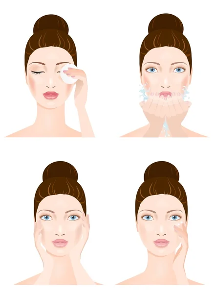 Woman face cleaning, four stages — Stock Vector