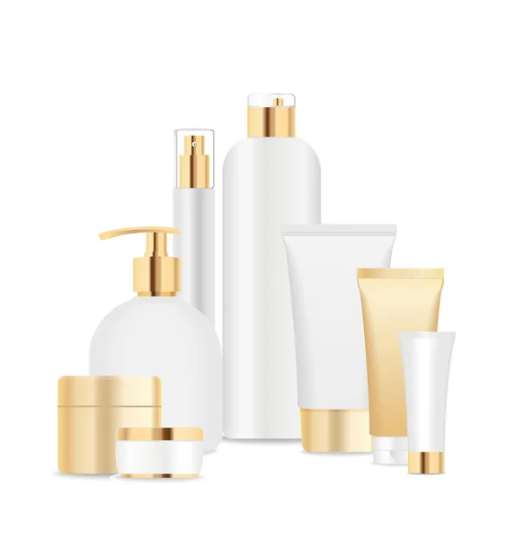 Groupe de tubes cosmétiques blancs et dorés . — Image vectorielle