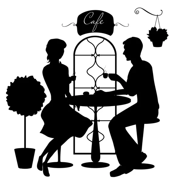 Silhouettes of couple at cafe — Stock Vector