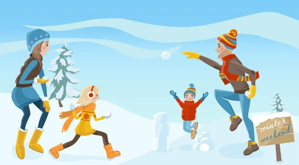 Familia juega bolas de nieve . — Vector de stock