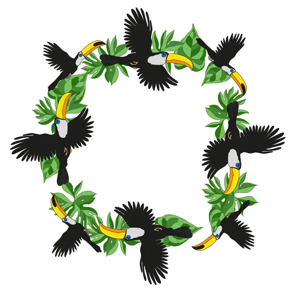 Hojas y tucanes, marco de aves de la selva — Archivo Imágenes Vectoriales