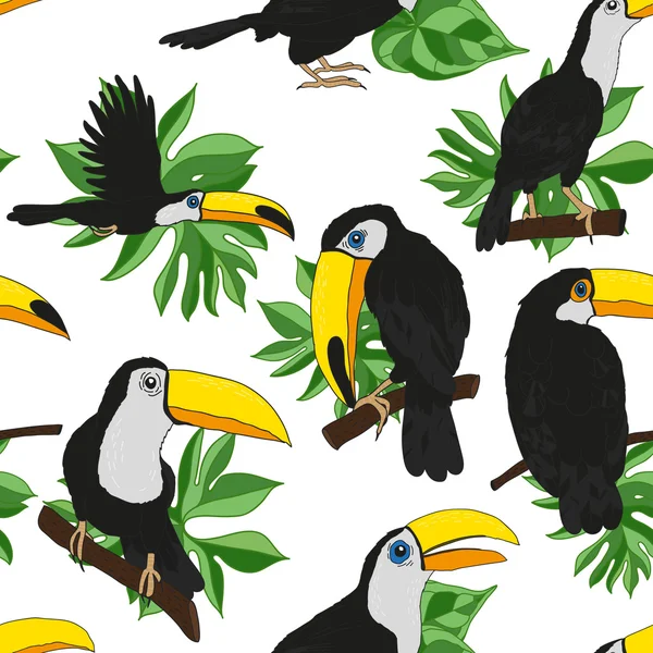 与热带巨嘴鸟和棕榈叶图案 — 图库矢量图片