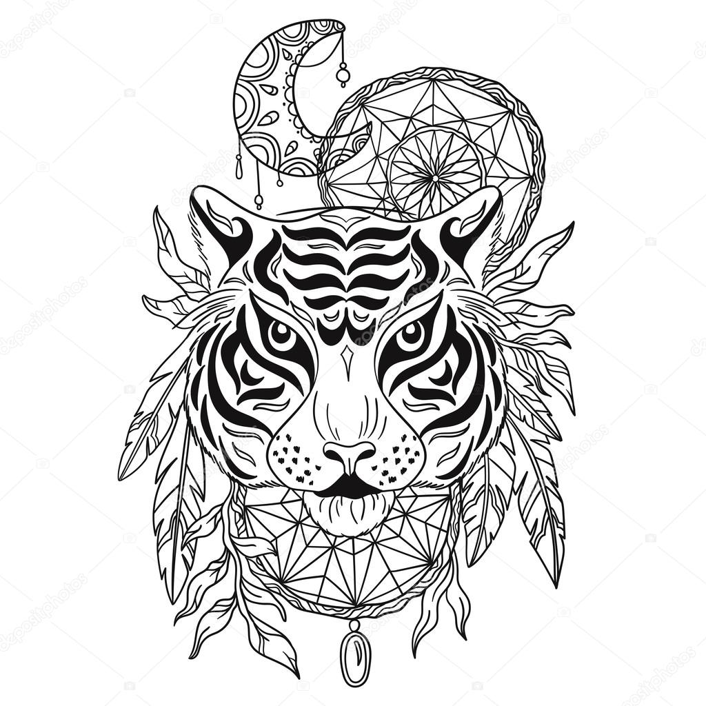 Tijger Met Decoratieve Maan Stockvector Marialetta 104668616