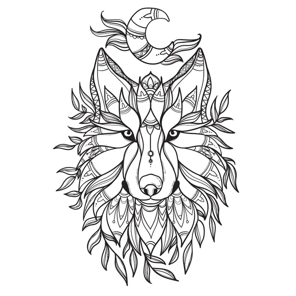 Lobo en estilo tribal con luna — Vector de stock