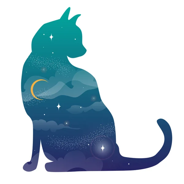 Silhouette cat and night sky with stars — Stock Vector