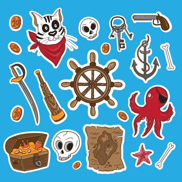 Conjunto de pegatinas a mano alzada temáticas piratas . Ilustración de stock