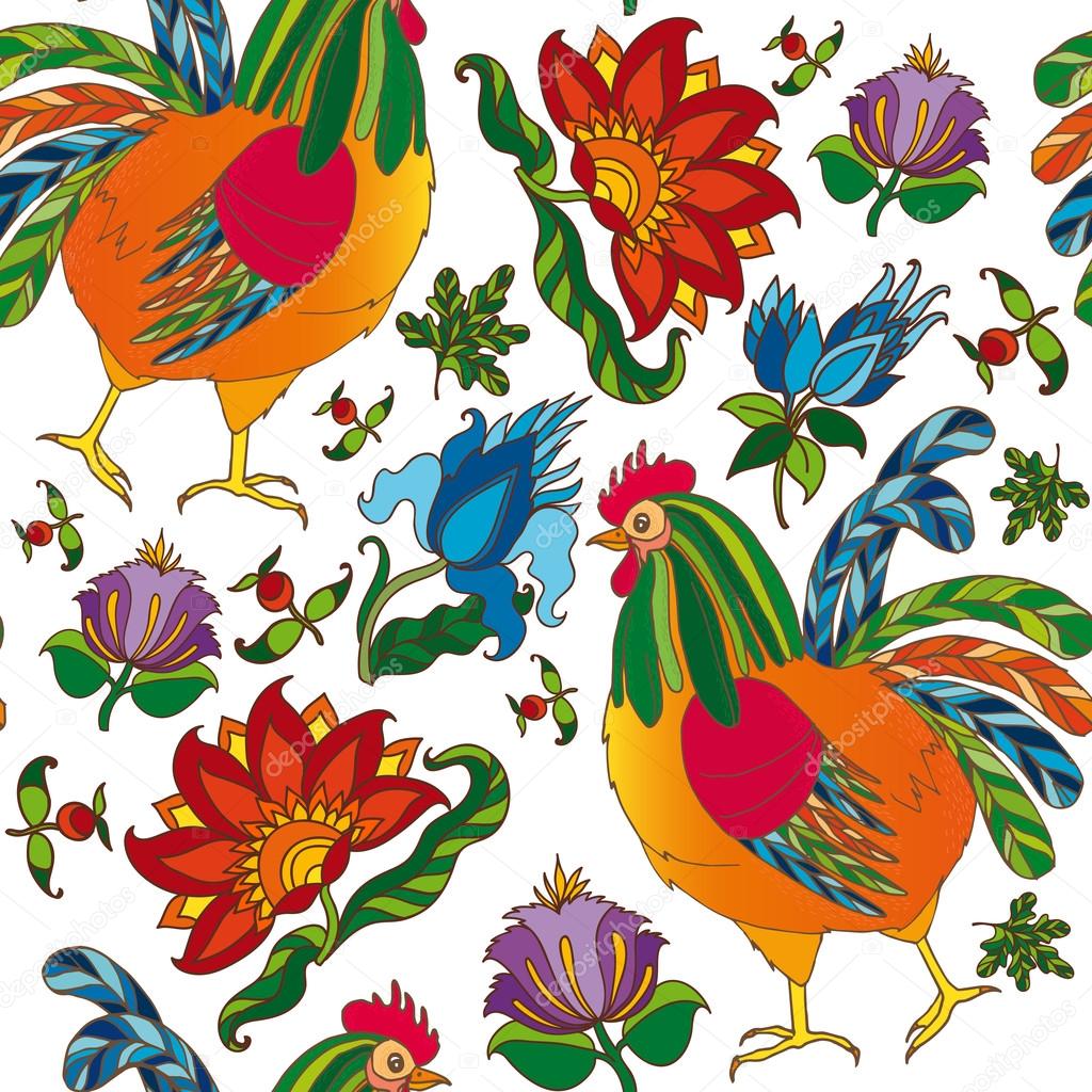 roosters and fantasy flowers