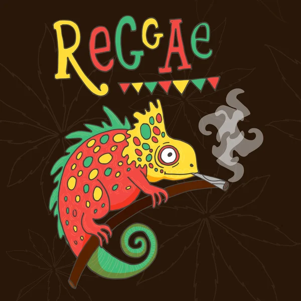 Smoking chameleons  with hand lettering reggae — Stock Vector