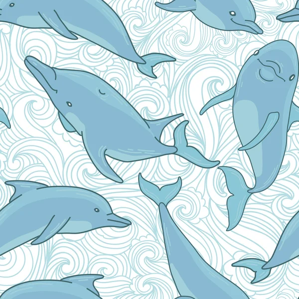 Fondo sin costuras con delfines y olas — Vector de stock