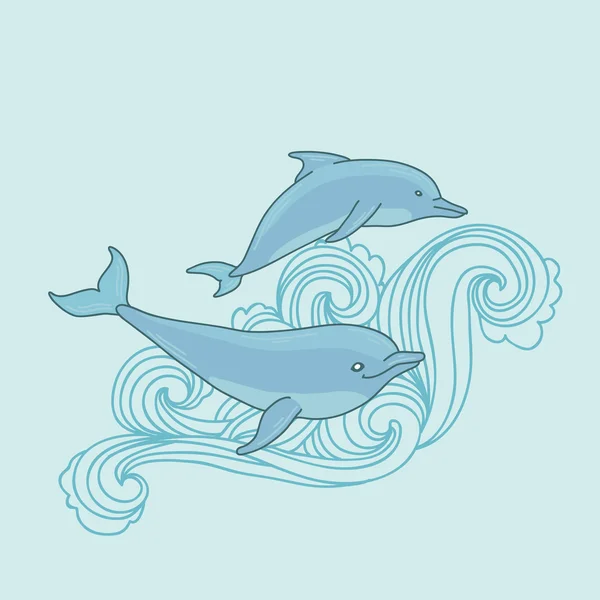 Two dolphins on wave — Stock Vector