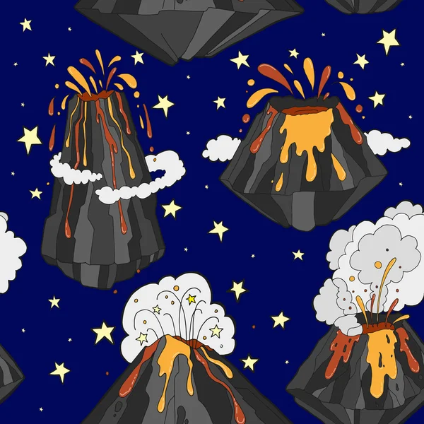 Cartoon uitbarstende vulkanen in nacht — Stockvector