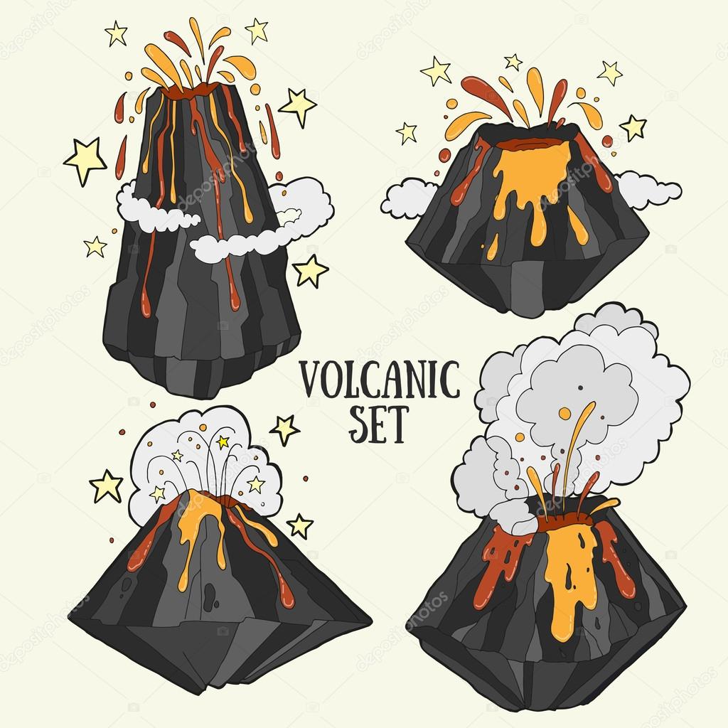 volcanic set with cartoon volcanoes