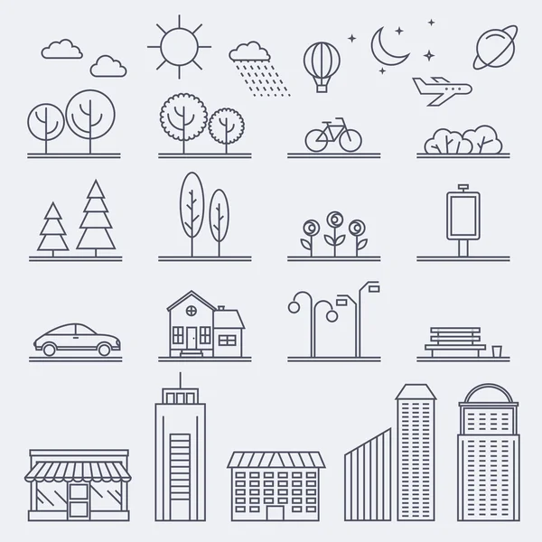 Iconos con edificios, casas y signos de arquitectura — Vector de stock