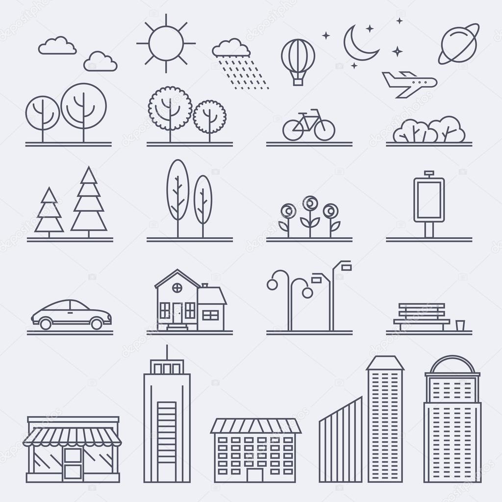 Icons with buildings, houses and architecture signs